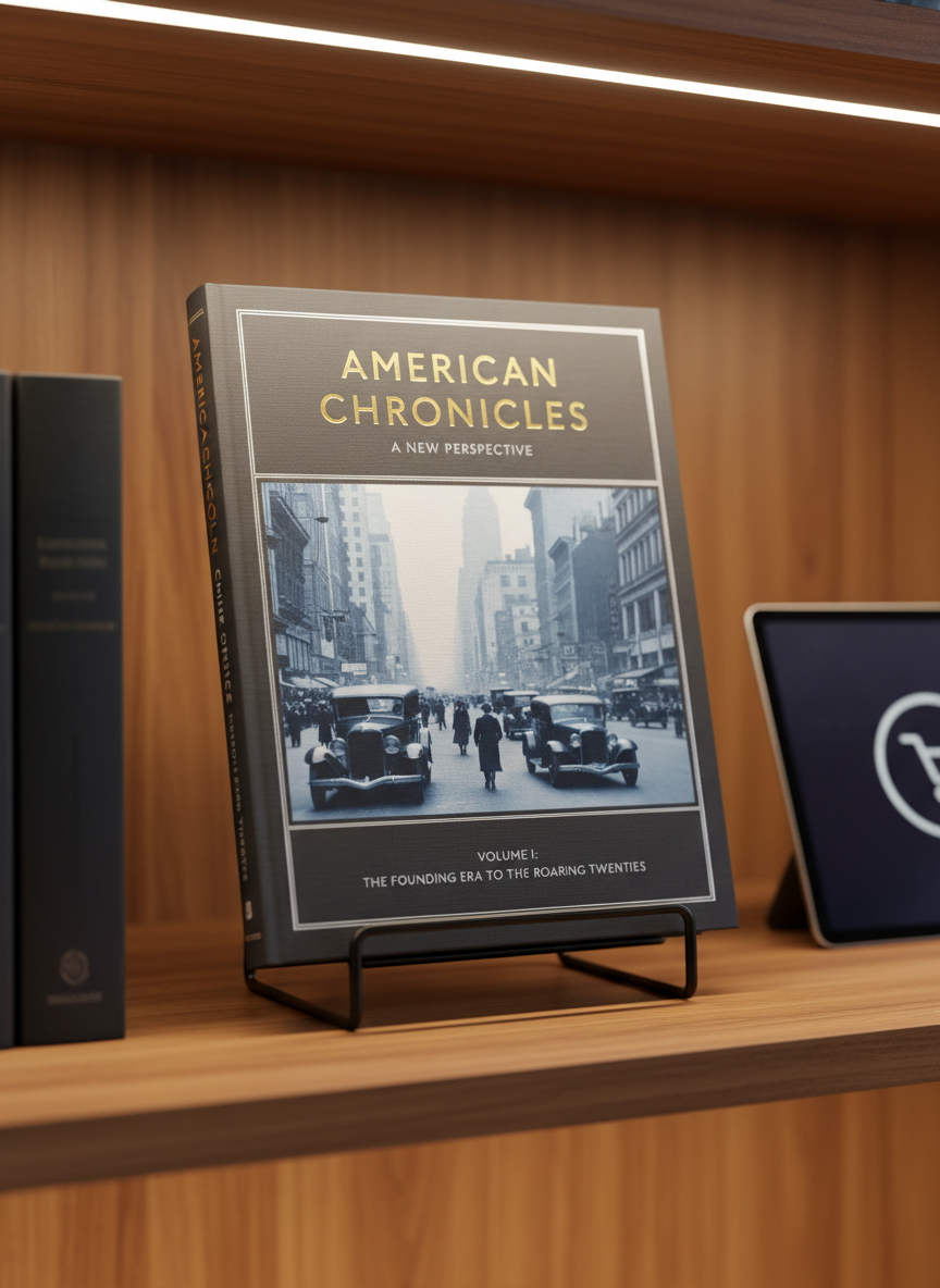 A close-up of an elegantly designed American history book cover propped upright on a sleek black metal stand, placed on a honey-colored wood shelf. The cover features a high-resolution, restored archival photograph—such as a city street or coastline—subtly tinted for a modern feel, framed by clean, minimalist borders. Soft, warm track lighting from above draws attention to the cover’s texture and embossing, creating a gentle sheen along the title area while leaving the background slightly darker. Additional blurred book spines and a faint suggestion of an online shopping icon on a nearby tablet screen hint at purchase options without showing text. Photographic realism, shot from a slightly low angle, conveys a premium, sophisticated book detail image for product pages.