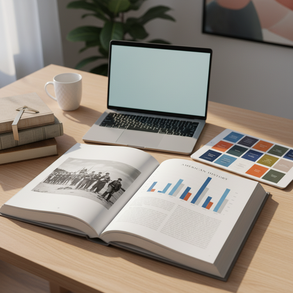 A refined blog-style workspace scene featuring an open American history book in the center of a light oak table, its pages displaying crisp black-and-white archival photographs and modern infographics side by side. Beside it sits a slim laptop with a blank, softly glowing screen and a tablet displaying a subtle grid of book cover thumbnails, all text-free. Morning light streams in from an unseen window, creating soft highlights and long, delicate shadows that suggest a quiet, productive atmosphere. A ceramic mug, a small stack of additional history titles, and a minimalist metal bookmark complete the scene. Captured from a slightly elevated three-quarter angle with photographic realism and a moderate depth of field, the composition evokes an elegant, contemporary history blog environment.