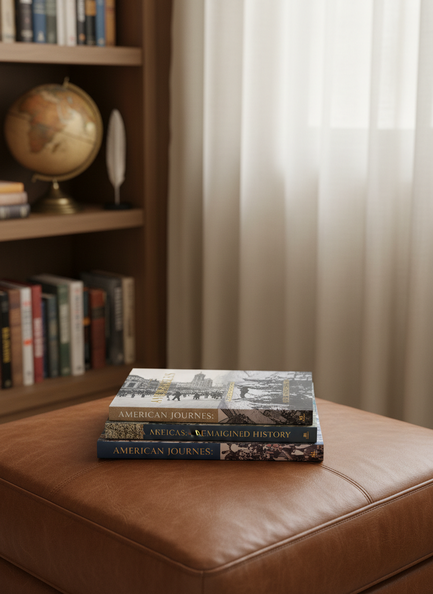 An inviting reading nook centered around a small stack of modern-designed history books about America, their covers incorporating tastefully restored black-and-white archival photos blended with contemporary typography. The stack rests on a rich leather ottoman beside a tall window, where diffused afternoon light filters through thin linen curtains, illuminating the subtle texture of the covers. In the background, a built-in bookcase with more history titles fades into a soft blur, along with a vintage globe and a minimalist metal bookmark stand. Captured from a three-quarter angle with photographic realism, the composition uses the rule of thirds to create a calm, thoughtful atmosphere that balances intellectual depth with present-day relevance.