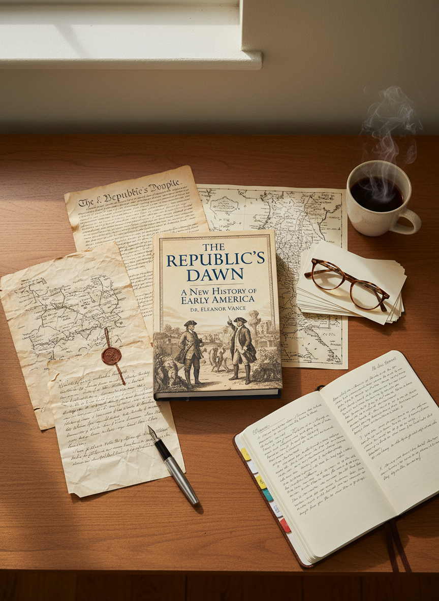 A polished writing desk set against a neutral wall, featuring a carefully arranged flat lay of American history research materials. At the center sits a newly published hardcover history book with a striking cover that combines sepia-toned archival imagery and clean modern design. Surrounding it are reproduction historical documents, a fountain pen resting on a leather-bound notebook, and a pair of understated tortoiseshell reading glasses. Soft, overcast window light from the left creates even illumination and gentle shadows, emphasizing textures of paper, leather, and cloth binding. Photographic realism with a slightly elevated top-down angle and sharp focus throughout produces a sophisticated, contemplative mood suited for an author or catalog page of a serious history publisher.