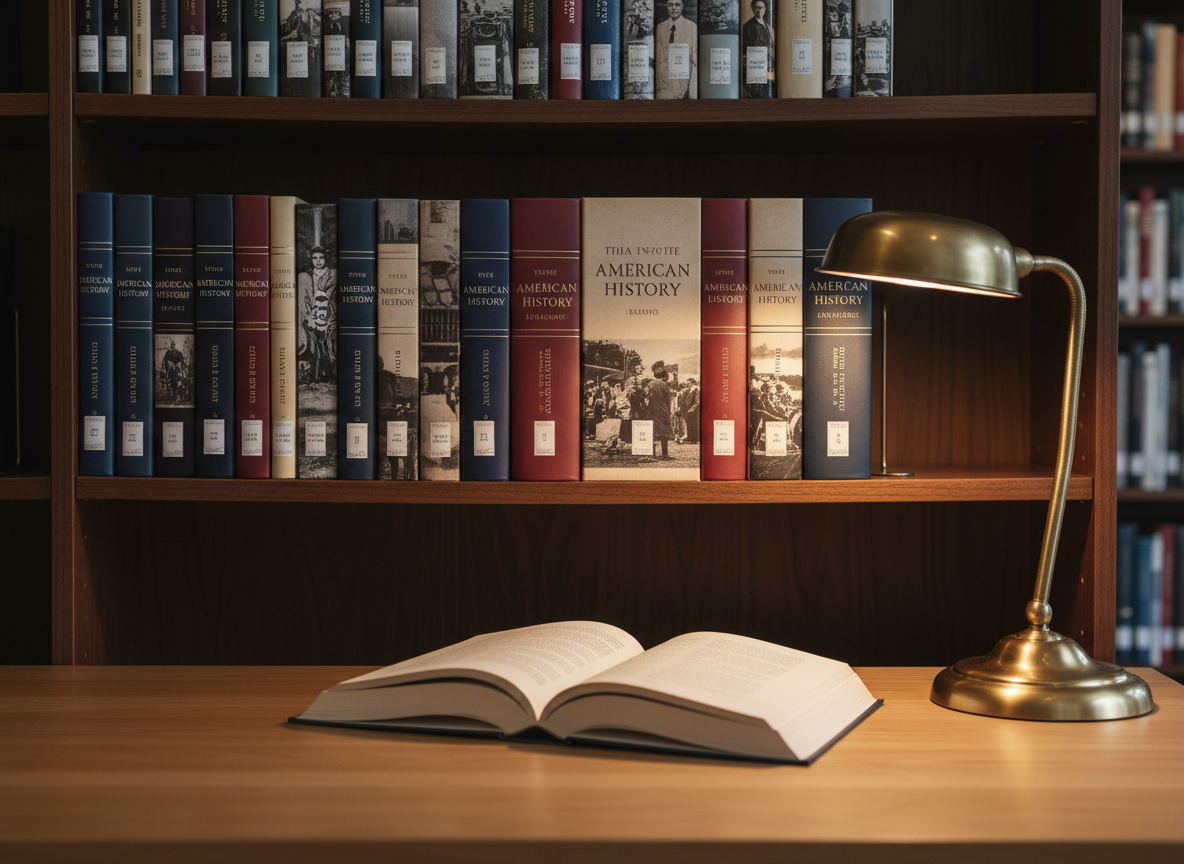 A meticulously arranged row of hardcover American history books displayed on a dark walnut bookshelf, each dust jacket featuring elegant, contemporary designs inspired by archival photography. The spines form a sophisticated gradient of deep navy, burgundy, and parchment tones, with subtle metallic accents. In the foreground, a single open book lies on a smooth oak table beside a classic brass reading lamp, its warm light casting soft highlights across the pages and gentle shadows along the grain. The background is softly blurred, suggesting additional shelves filled with carefully curated titles. Photographic realism, shot at eye level with a shallow depth of field, conveys a refined, scholarly yet accessible mood suitable for a modern history press homepage.