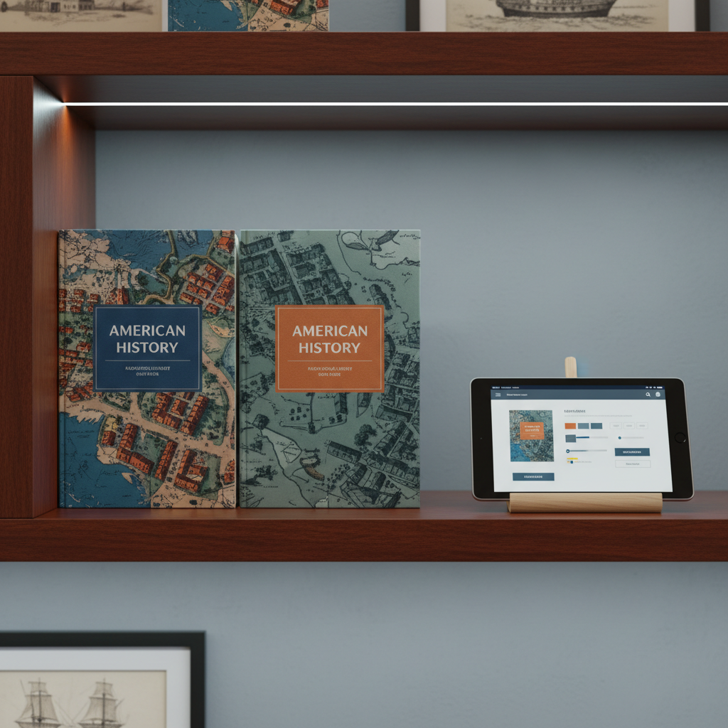 A carefully curated display shelf dedicated to a single American history series, with three or four matching hardcovers standing upright in a neat row, their covers blending restored archival battlefields, town squares, or ships with contemporary color grading. In front, a tablet rests horizontally on a slim wooden stand, its screen showing an abstracted layout of a book detail page and purchasing options without readable text. Gentle, cool-toned LED lighting from above creates crisp, precise highlights on the covers while keeping the overall mood calm and orderly. Shot at eye level with photographic realism and a balanced composition, the scene is ideal for illustrating a series overview or “shop the collection” section for a sophisticated history press.